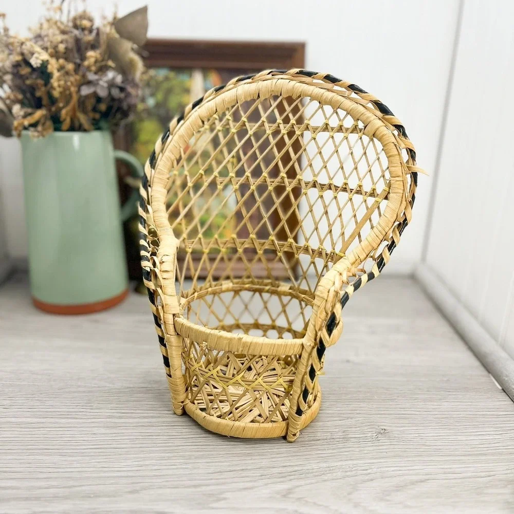 Vintage Wicker Peacock Chair Plant Holder - Black Accent Decor‎